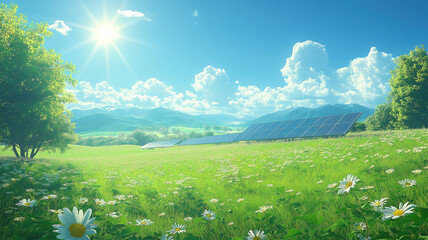Wall Mural - renewable energy concept with solar panels absorbing sunlight for a cleaner environment