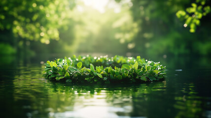 Wall Mural - natural recycling concept with green leaves forming symbol on water under sunlight for global