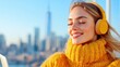 © FutureLens - Blonde female blogger enjoys audio book in New York with city skyline view