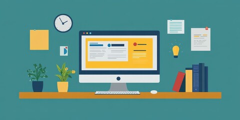 Wall Mural - illustration of a well-organized workspace featuring a computer monitor on a wooden desk surrounded 