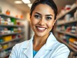 © 정아 강 - foto de farmacéutica latina posando en un vestido blanco. fondo borroso del interior de la farmacia con exhibiciones de drogas
