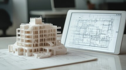 Leinwandbilder - 3D printed building model beside digital blueprint on tablet. (1)