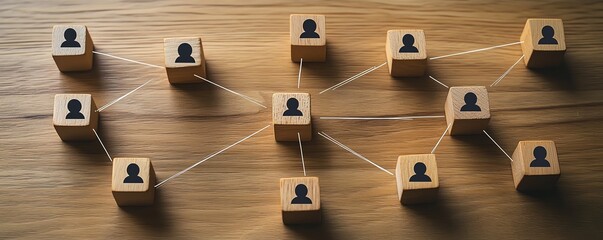 Poster - Top view of a wooden table with wooden cubes and people icons, illustrating a communication network and organizational structure for effective connections