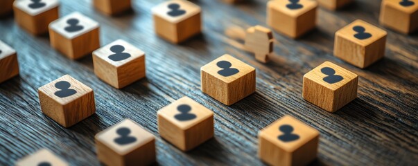 Poster - Top view of a wooden table with wooden cubes and people icons, illustrating a communication network and organizational structure for effective connections