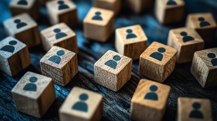 Poster - Wooden cubes with people icons scattered across a table, illustrating the concept of communication networks and the flow of information in an organization