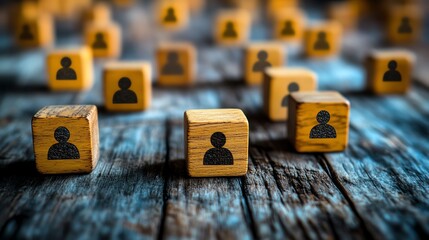 Poster - Wooden cubes with people icons scattered across a table, illustrating the concept of communication networks and the flow of information in an organization