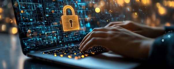 Poster - A closeup of a person typing on a laptop, with a floating holographic padlock icon and cyber defense layers surrounding the device