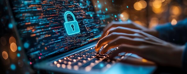 Poster - A closeup of a person typing on a laptop, with a floating holographic padlock icon and cyber defense layers surrounding the device