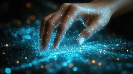 Aufkleber - A hand gently touches a glowing, digital, blue particle surface.