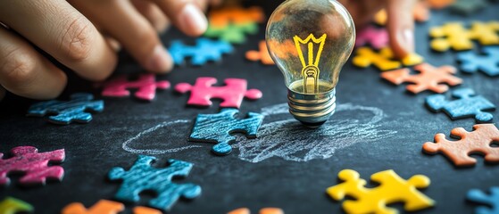 Fototapete - A dynamic teamwork scene, people assembling puzzle pieces while a chalkdrawn light bulb glows on a blackboard, symbolizing innovation and wisdom