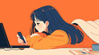 © 963k - スマートフォンを見つめる黒髪の女性｜リラックス、テクノロジー、ライフスタイル