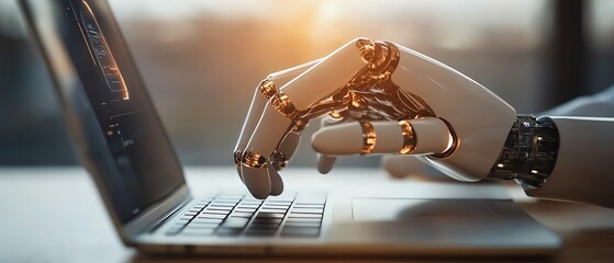 Aufkleber - A professional using a laptop with an AI hologram emerging from the screen, depicting artificial intelligence, automation, and future technology in business
