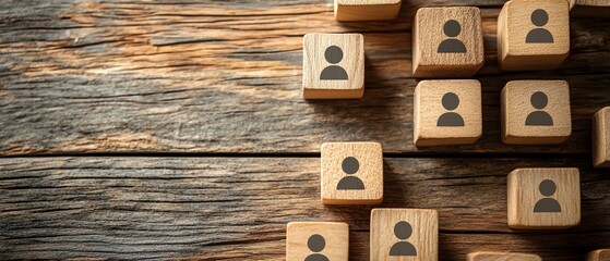 Poster - A topdown view of a wooden table with multiple cubes featuring people icons, representing a communication network and organizational connections
