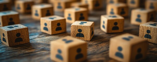 Poster - A wooden table with scattered cubes, each with a people icon, symbolizing connections and the framework of a communication network in an organization