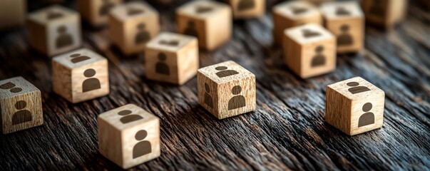 Poster - A wooden table with scattered cubes, each with a people icon, symbolizing connections and the framework of a communication network in an organization
