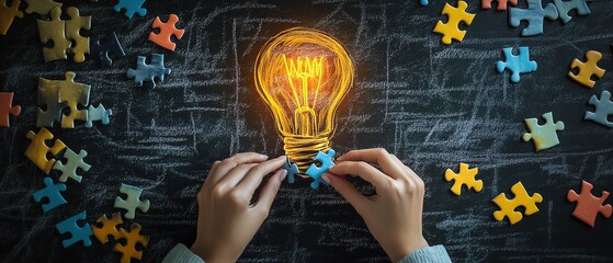 Fototapete - Closeup of hands fitting puzzle pieces together, a glowing chalkdrawn light bulb on a blackboard behind, symbolizing problemsolving and creativity