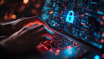Fototapete - Closeup of hands on a laptop keyboard, with a futuristic glowing padlock icon and cybersecurity interface in the background