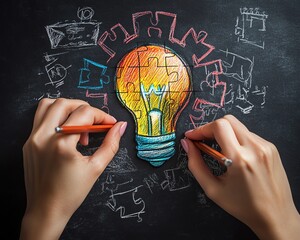 Fototapete - Closeup of hands sketching a puzzle and a bright light bulb on a blackboard, representing the combination of ideas for creative problemsolving