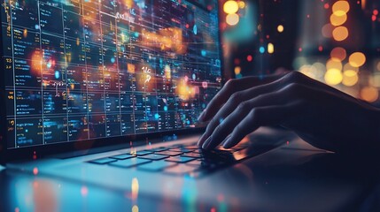Hands typing on laptop with futuristic data display.