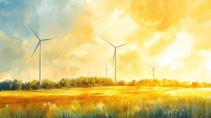 Poster - Golden light shining over a field of wind turbines with vivid watercolor strokes in a tranquil setting.