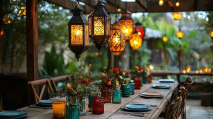 Wall Mural - Hanging lanterns in vibrant hues illuminating a rustic table, evoking warmth and celebration.