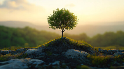 Wall Mural - Sunrise over a small tree in a panoramic view representing a green world and celebrating Earth Day