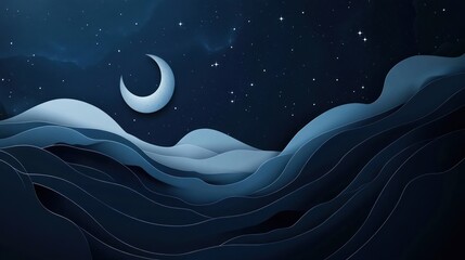 Poster - A serene night landscape with rolling hills and a crescent moon against a starry sky.