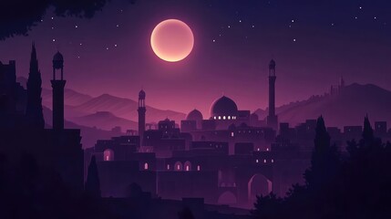 Poster - A serene night scene featuring a cityscape under a large moon with mountains in the background.