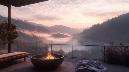 Wall Mural - Serene balcony scene with a high view of misty hills, a warm fire bowl, and a bench with a soft blanket for ultimate relaxation