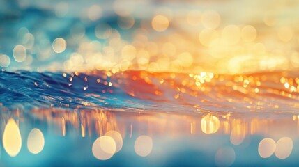 Aufkleber - A serene ocean scene with shimmering waves and soft bokeh effects in warm colors.