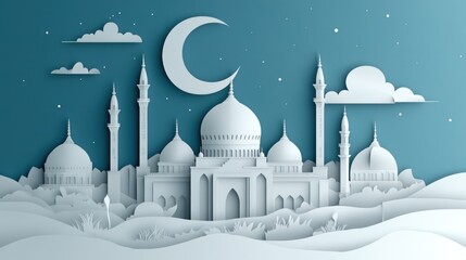Poster - A serene paper-cut style illustration of a mosque skyline with a crescent moon.
