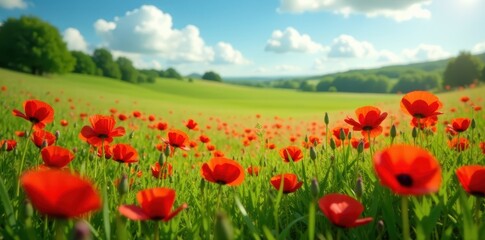 A carpet of red poppies blankets a lush green summer meadow , idyllic, scene