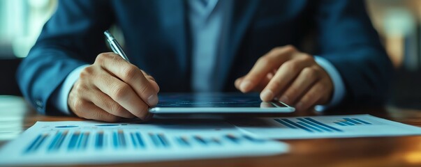 Aufkleber - Business consultant analyzing finance on tablet, network structure and financial graphs in digital format, modern business environment