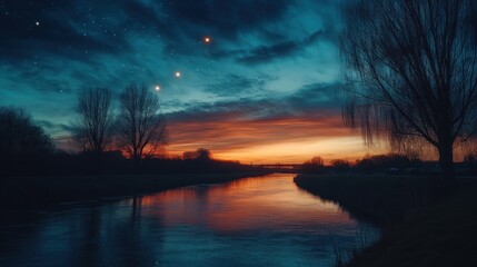 Aufkleber - A serene river landscape at sunset with vibrant colors and a starry sky.