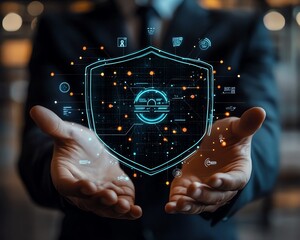 Fototapete - Business professional holding digital shield, personal information security, network security concept with cyber defense icons and symbols