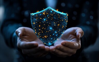 Poster - Businessperson holding shield icon, protecting personal information, network security concept, digital protection, secure data environment