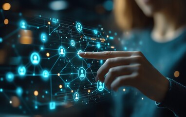 Aufkleber - Entrepreneur contacting people using digital communication tools, network structure and people icons displayed on screen, office setting