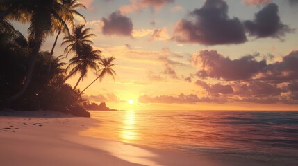 Poster - Tropical Sunset Beach Scene With Palm Trees