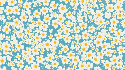 Vintage seamless floral pattern. Ditsy style background of small yellow white flowers. Small blooming flowers scattered over a light blue background. Stock vector for printing on surfaces and web
