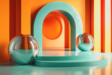 Wall Mural - Blue and orange geometric object displayed on a wooden table with natural lighting and shadow effects