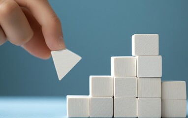Poster - Business personal development arrows and businessperson icons stacking wooden blocks on table planning strategy