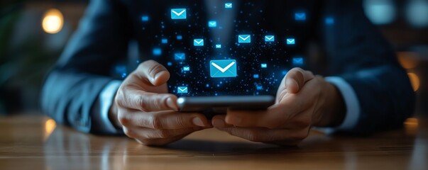 Aufkleber - Businessman using smartphone email app at table closeup of male hands with email icon digital correspondence