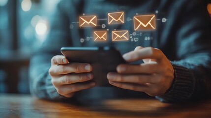 Aufkleber - Closeup of male hands touching smartphone screen using email app on table with email icon digital communication