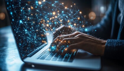 Leinwandbilder - Global data network concept businessman using laptop analyzing big data online network structure for business