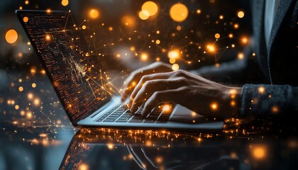 Leinwandbilder - Global data network concept businessman using laptop analyzing big data online network structure for business