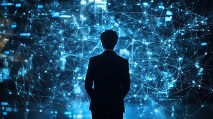 Poster - Global network data concept businessman analyzing big data laptop and online network structure digital connections