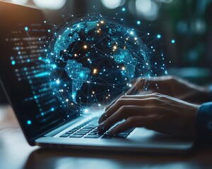 Aufkleber - Global network data concept businessman with laptop analyzing data online structure with digital connections