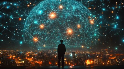 Poster - Global network data concept businessman analyzing big data laptop and online network structure digital connections