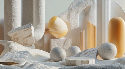 Poster - Abstract 3D render of minimalist geometric shapes, marble textures, and soft lighting, showcasing a calming and elegant composition.