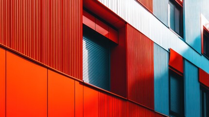 Poster - Abstract architectural detail of a modern building with red, white, and blue panels and windows.